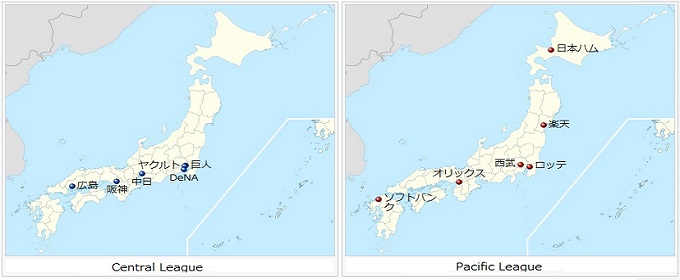 Nippon Professional Baseball Map, Teams