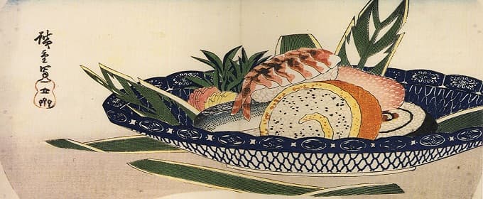 Bowl of sushi drawn by Hiroshige Utagawa.
